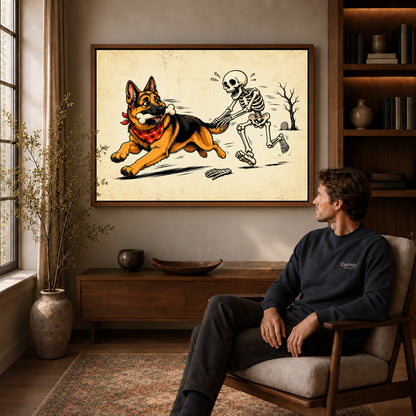 Walnut framed bone chase shepherd artwork above a seated man in a wood furnished living room.