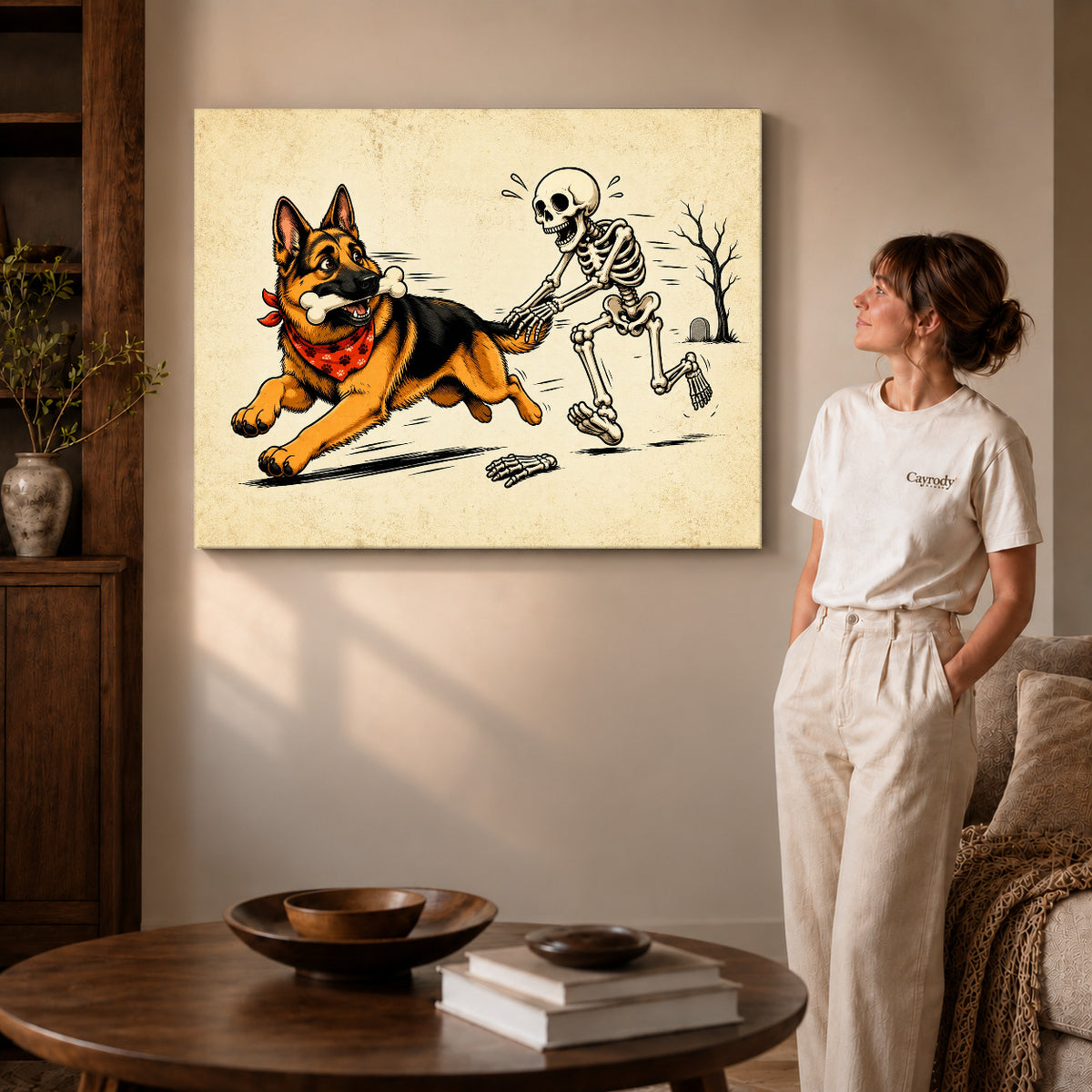 Gallery wrapped bone chase shepherd artwork with shaded canvas edges beside a woman wearing cream clothing.