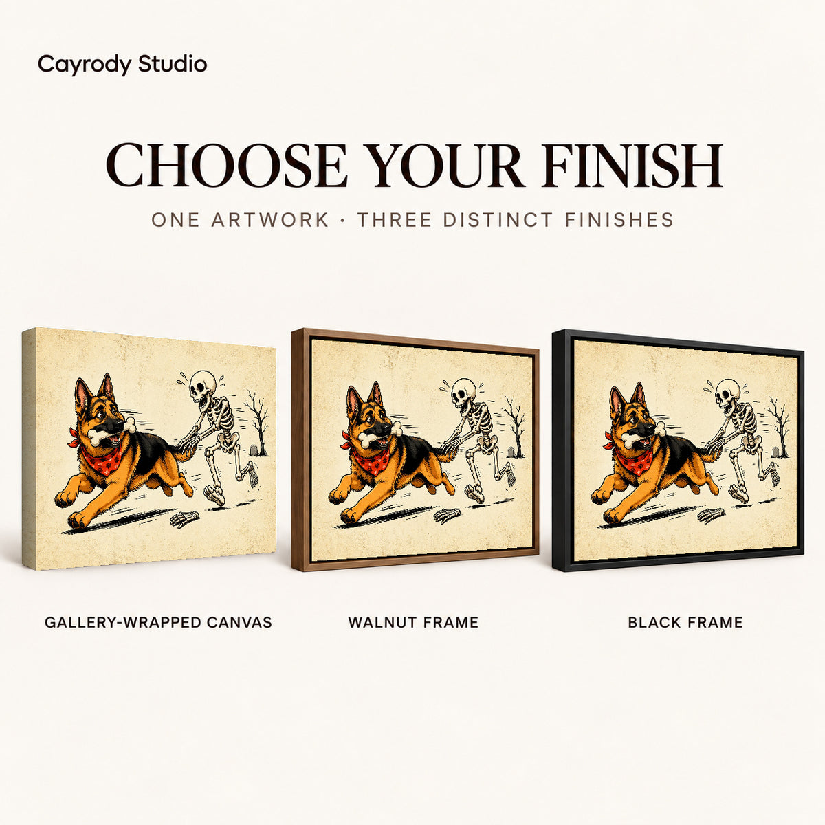 Bone Chase Shepherd artwork finish chart showing gallery wrapped canvas, walnut frame, and black frame options.