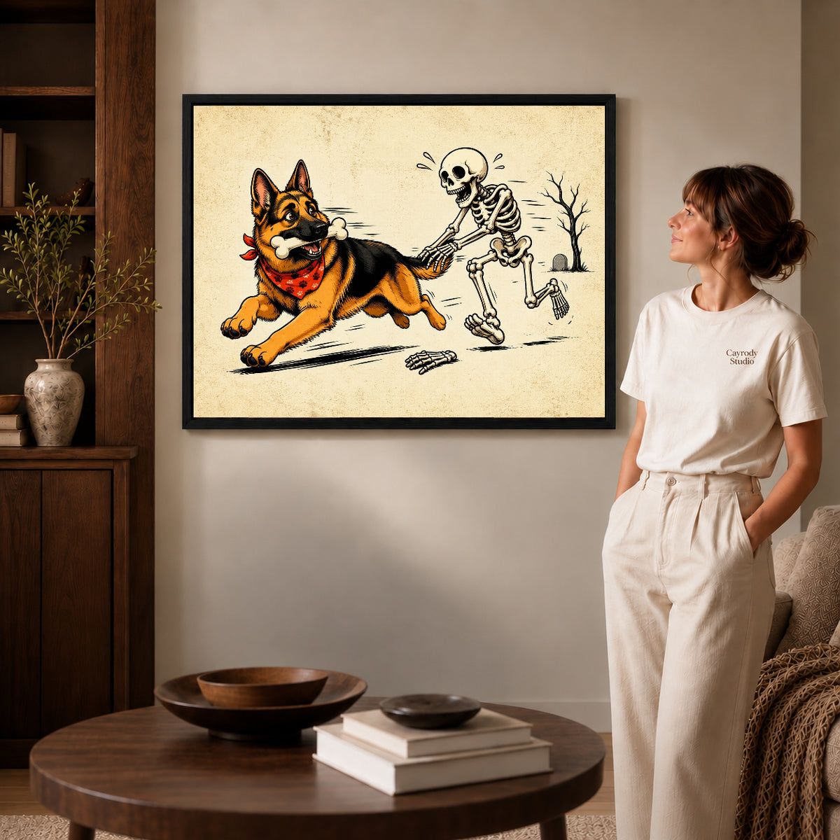 Black framed bone chase shepherd artwork scene assigned to all six black framed canvas sizes.