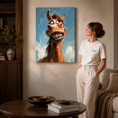 Gallery wrapped grinning horse portrait artwork with shaded canvas edges beside a woman wearing cream clothing.