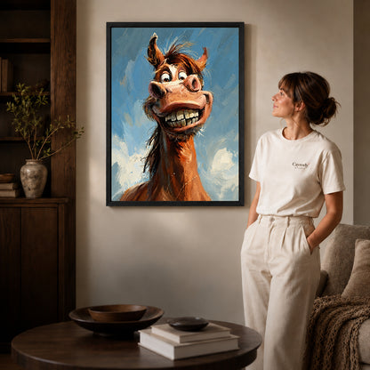 Black framed grinning horse portrait artwork beside a woman in a warm neutral living room.