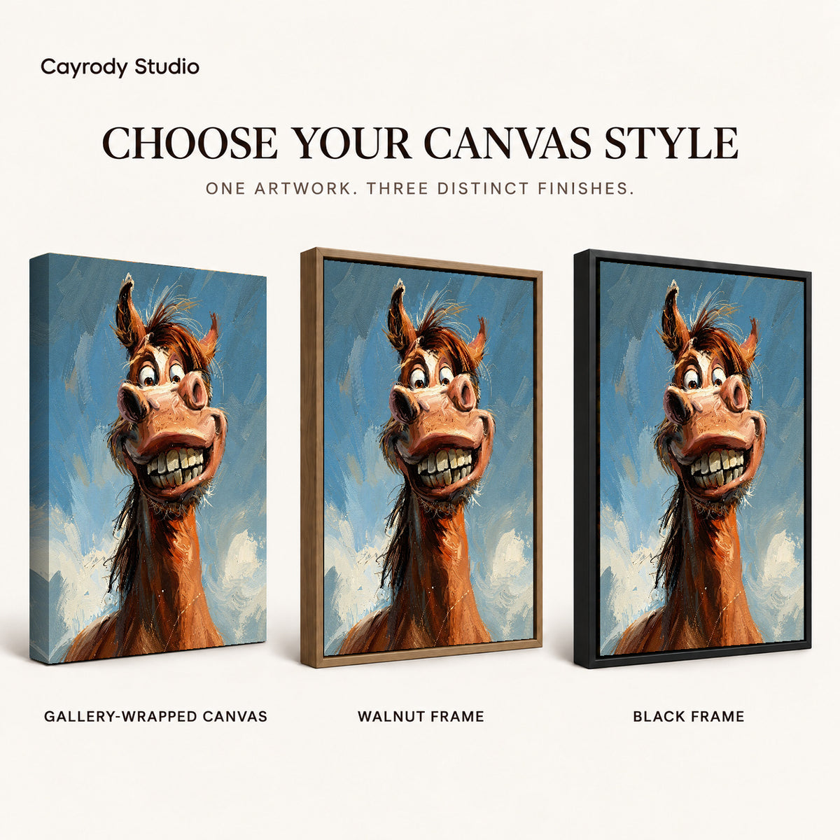 Grinning Horse Portrait artwork finish chart showing gallery wrapped canvas, walnut frame, and black frame options.