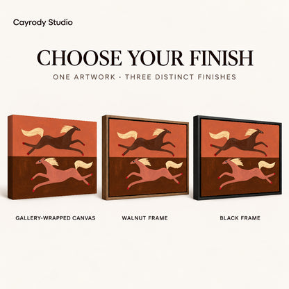 Opposite Galloping Horses artwork finish chart showing gallery wrapped canvas, walnut frame, and black frame options.