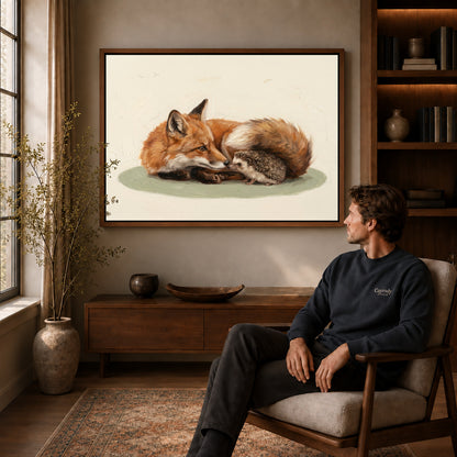 Walnut framed fox hedgehog friends canvas art displayed above a seated man in a wood furnished room.