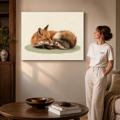 Gallery wrapped fox hedgehog friends canvas art with naturally shaded canvas edges beside a woman wearing cream clothing.