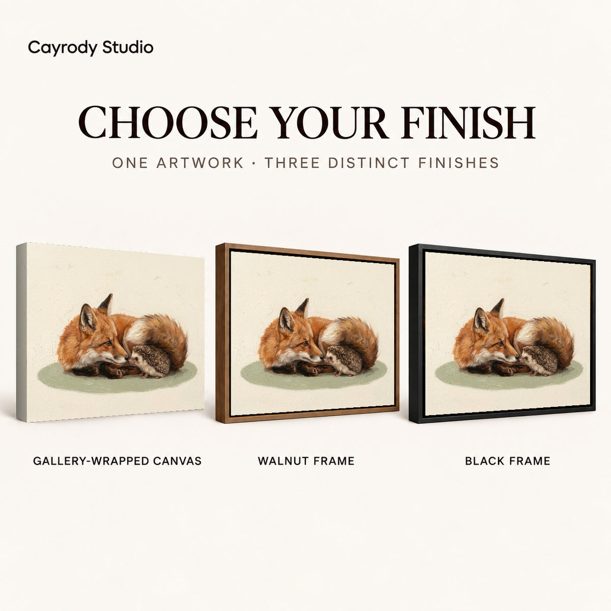 Fox hedgehog friends canvas art finish chart showing gallery wrapped canvas, walnut frame, and black frame options.