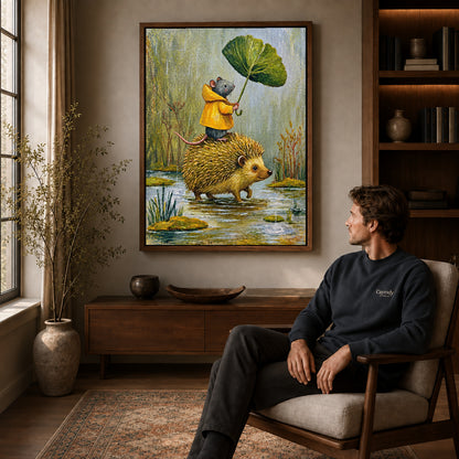 Walnut framed raincoat mouse ride artwork above a seated man in a wood furnished living room.