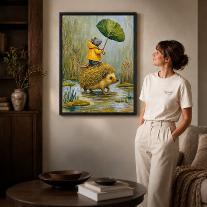 Black framed raincoat mouse ride artwork beside a woman in a warm neutral living room.