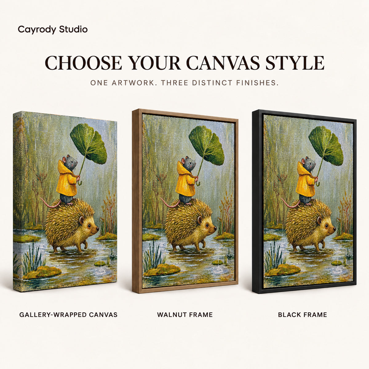 Raincoat Mouse Ride artwork finish chart showing gallery wrapped canvas, walnut frame, and black frame options.