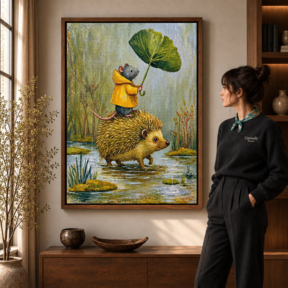 Walnut framed raincoat mouse ride artwork scene assigned to all six walnut framed canvas sizes.