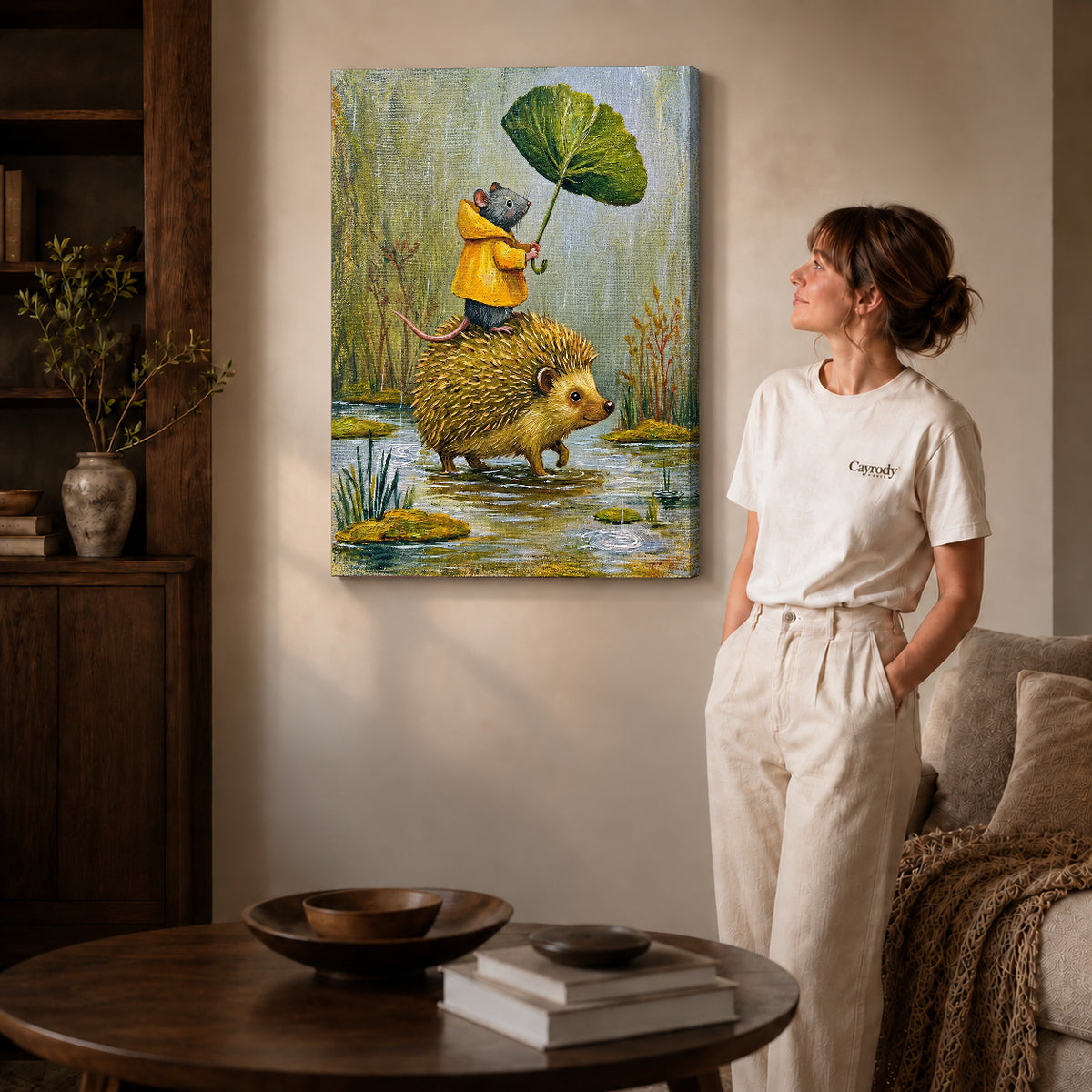 Gallery wrapped raincoat mouse ride artwork scene assigned to all six unframed wrapped canvas sizes.