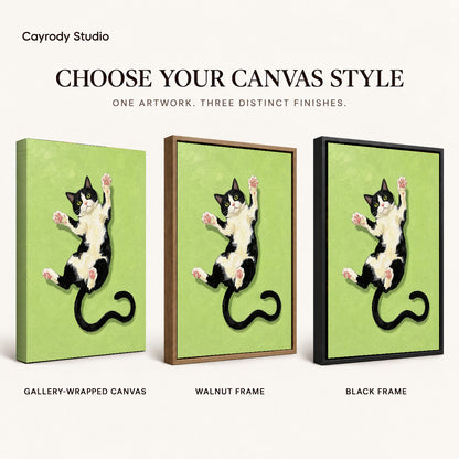 Stretching tuxedo cat canvas art finish chart showing gallery wrapped canvas, walnut frame, and black frame options.