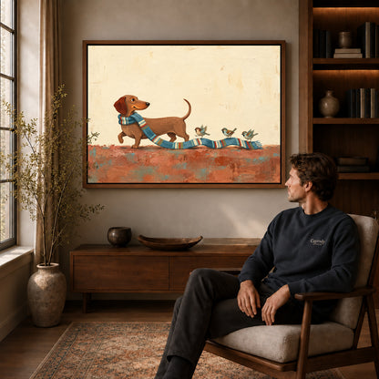 Walnut framed scarf bird parade artwork above a seated man in a wood furnished living room.