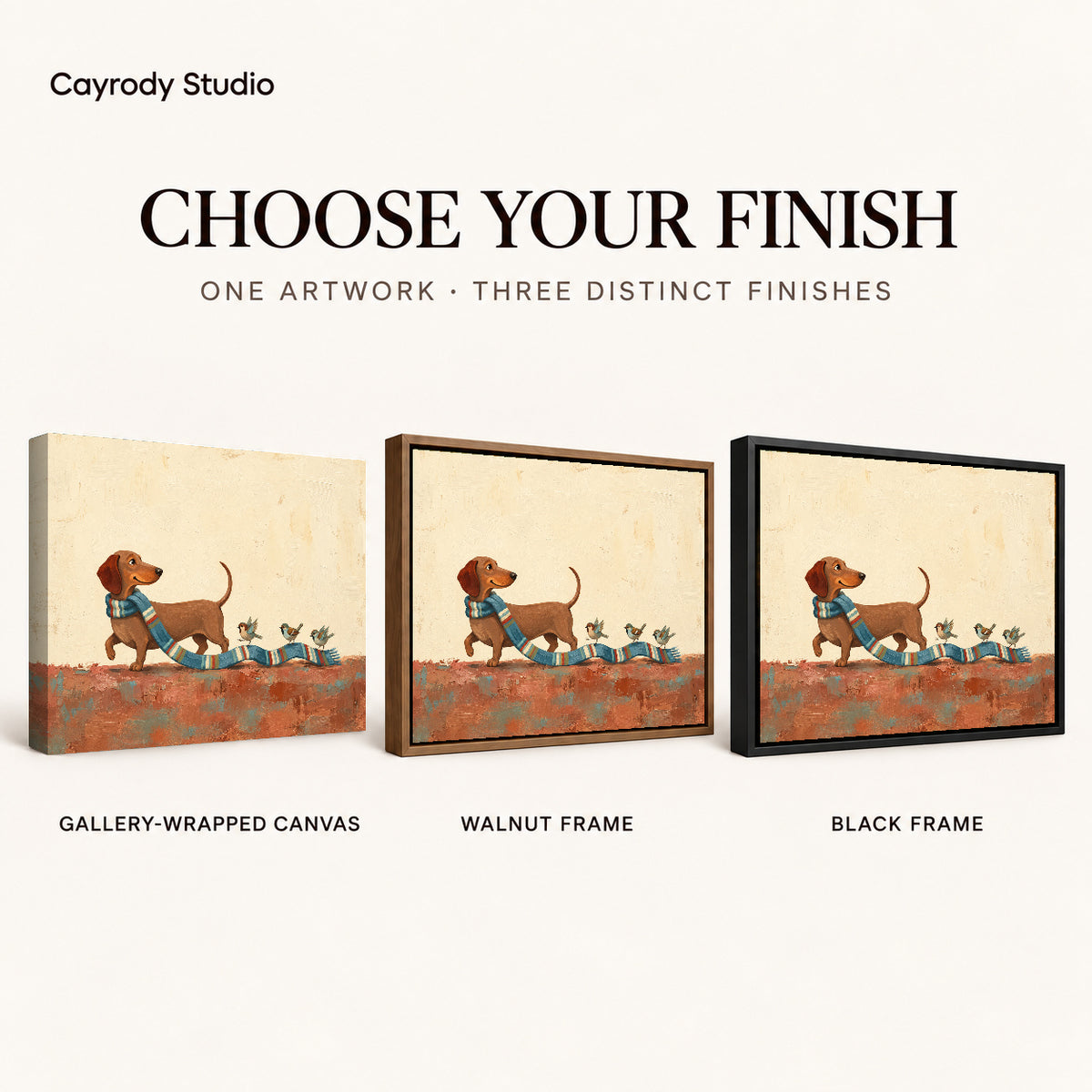 Scarf Bird Parade artwork finish chart showing gallery wrapped canvas, walnut frame, and black frame options.