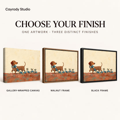 Scarf Bird Parade artwork finish chart showing gallery wrapped canvas, walnut frame, and black frame options.