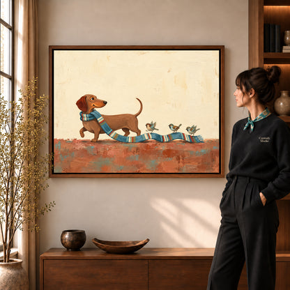 Walnut framed scarf bird parade artwork scene assigned to all six walnut framed canvas sizes.