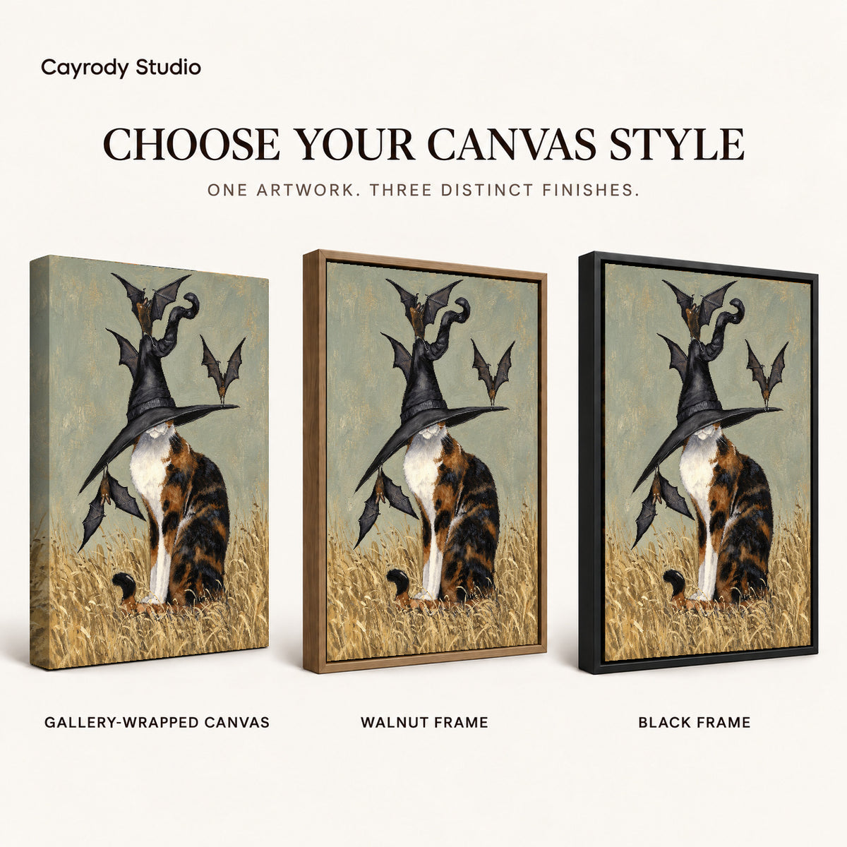 Calico Witch Hat artwork finish chart showing gallery wrapped canvas, walnut frame, and black frame options.