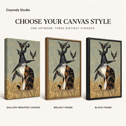 Calico Witch Hat artwork finish chart showing gallery wrapped canvas, walnut frame, and black frame options.
