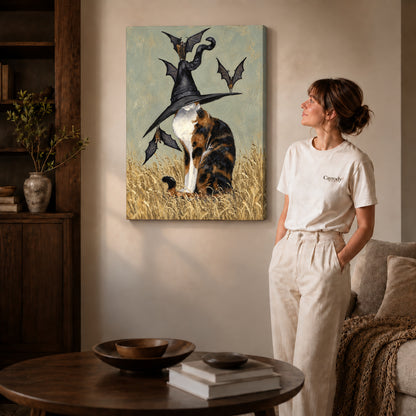 Gallery wrapped calico witch hat artwork scene assigned to all six unframed wrapped canvas sizes.