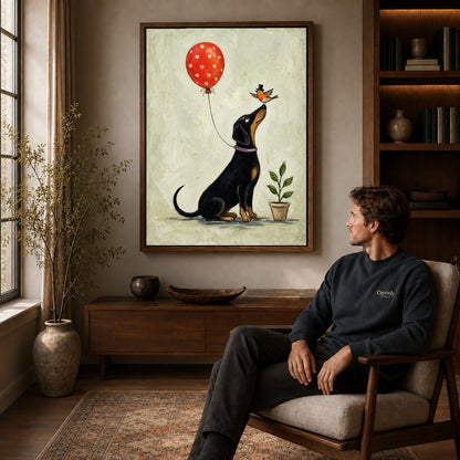 Walnut framed balloon bird dachshund artwork above a seated man in a wood furnished living room.