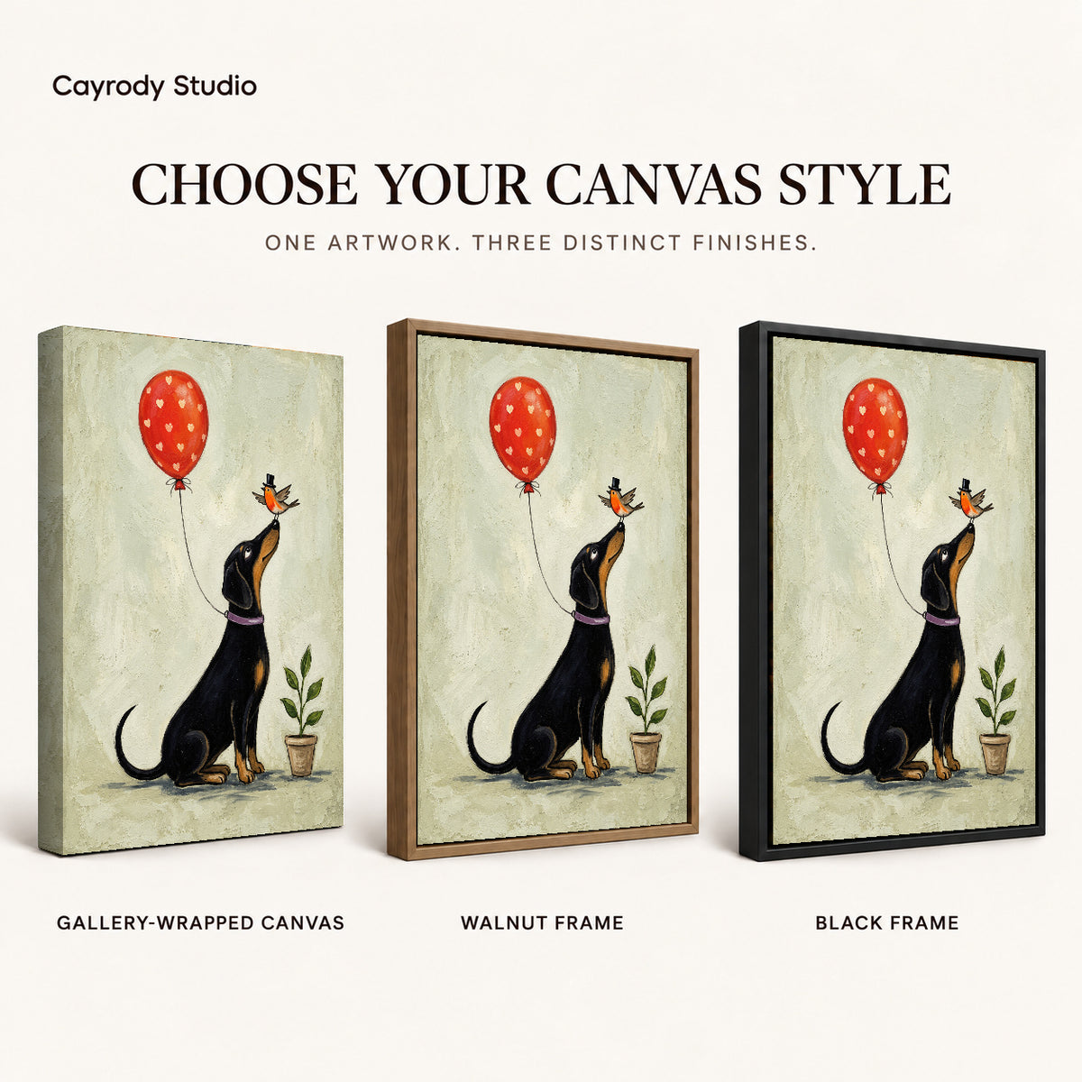 Balloon Bird Dachshund artwork finish chart showing gallery wrapped canvas, walnut frame, and black frame options.
