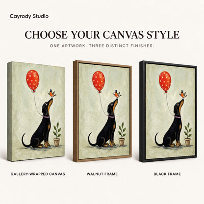 Balloon Bird Dachshund artwork finish chart showing gallery wrapped canvas, walnut frame, and black frame options.