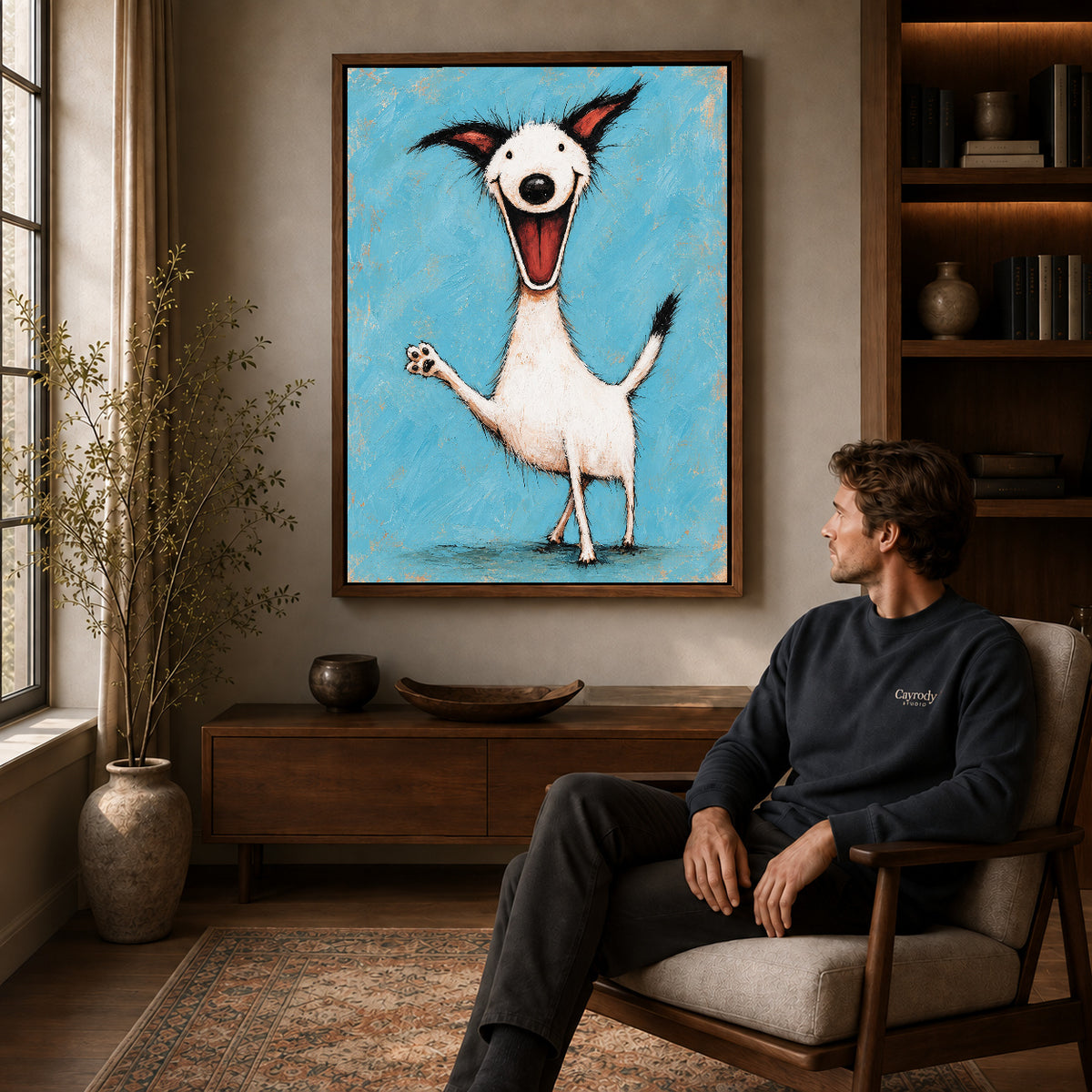 Walnut framed joyful waving dog artwork above a seated man in a wood furnished living room.