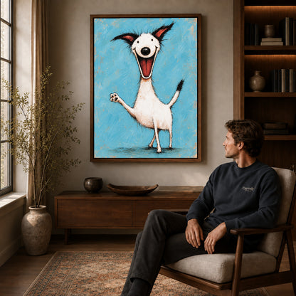 Walnut framed joyful waving dog artwork above a seated man in a wood furnished living room.