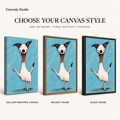 Joyful Waving Dog artwork finish chart showing gallery wrapped canvas, walnut frame, and black frame options.
