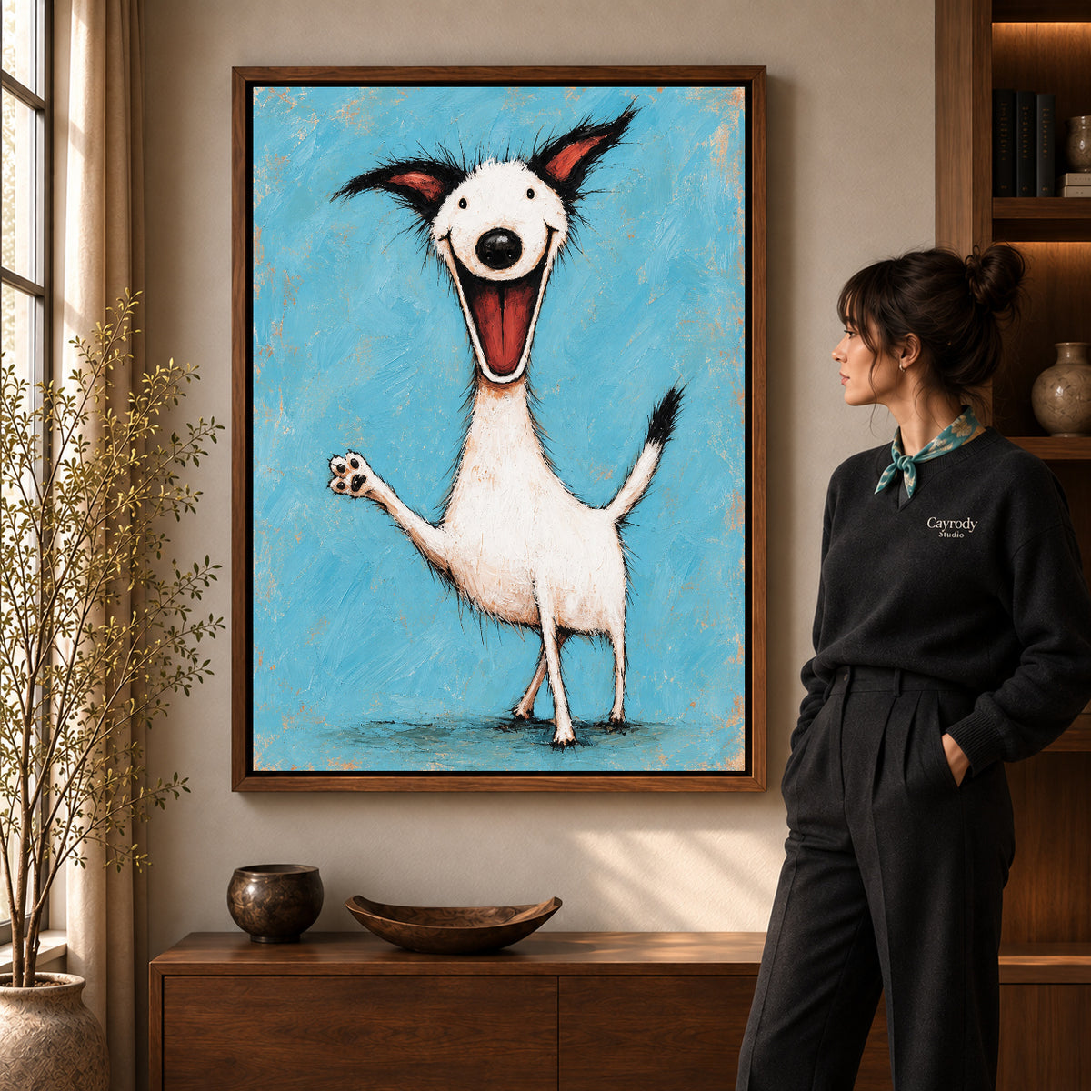 Walnut framed joyful waving dog artwork scene assigned to all six walnut framed canvas sizes.