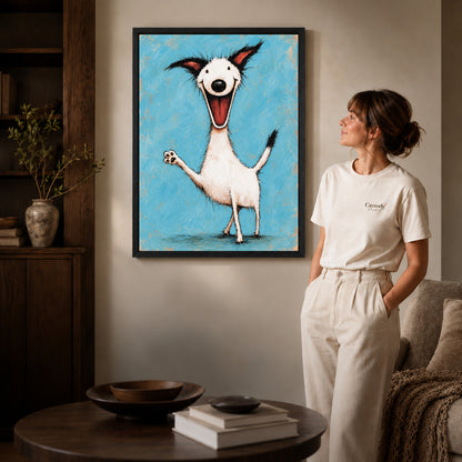 Black framed joyful waving dog artwork scene assigned to all six black framed canvas sizes.