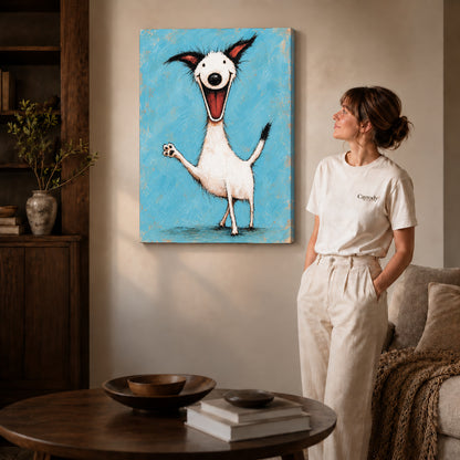Gallery wrapped joyful waving dog artwork scene assigned to all six unframed wrapped canvas sizes.