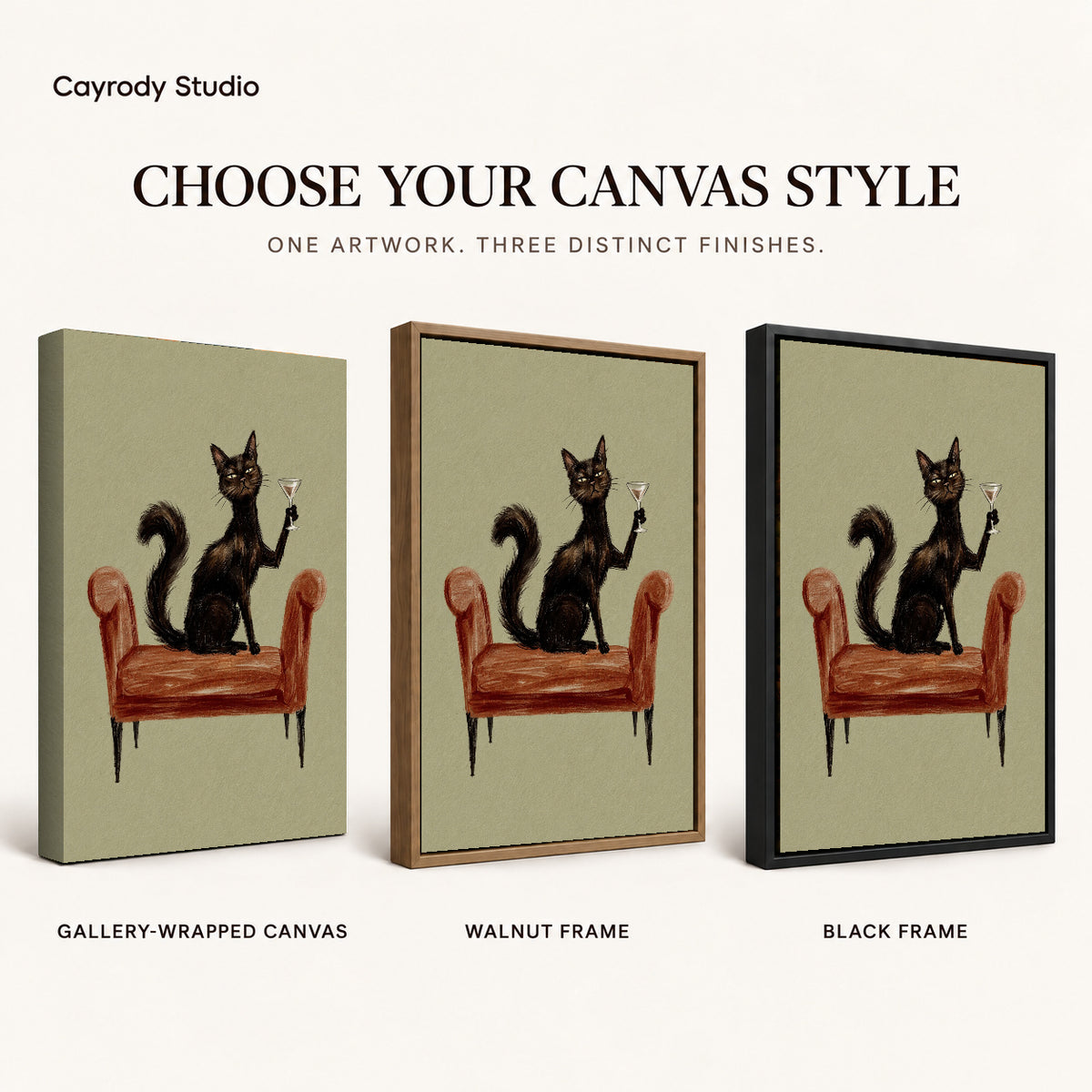 Armchair Cocktail Cat artwork finish chart showing gallery wrapped canvas, walnut frame, and black frame options.