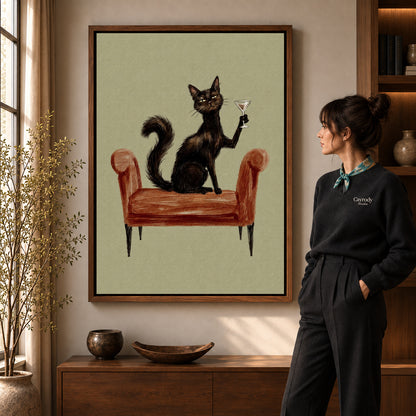 Walnut framed armchair cocktail cat artwork scene assigned to all six walnut framed canvas sizes.