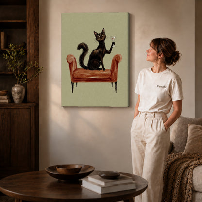 Gallery wrapped armchair cocktail cat artwork scene assigned to all six unframed wrapped canvas sizes.