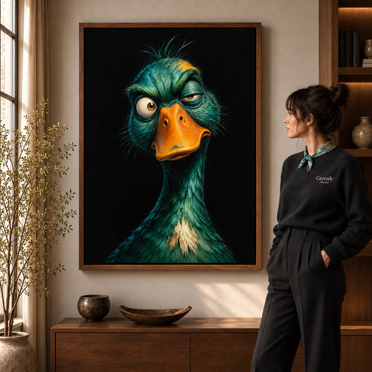 Quirky Teal Duck artwork in a walnut frame beside a standing woman in a warm room.