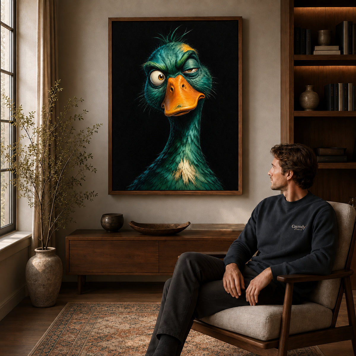 Walnut framed quirky teal duck artwork above a seated man in a wood furnished living room.