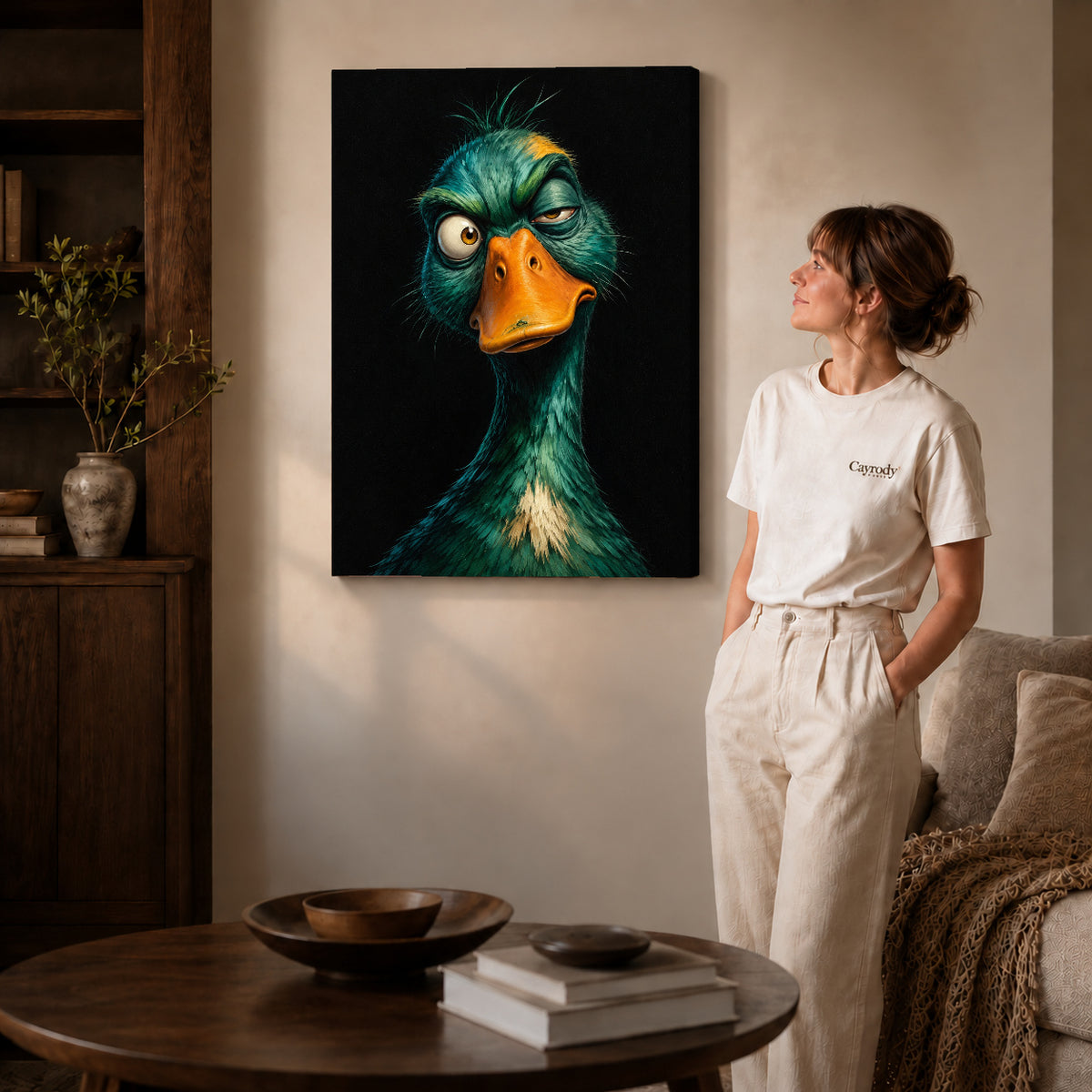 Gallery wrapped quirky teal duck artwork with shaded canvas edges beside a woman wearing cream clothing.