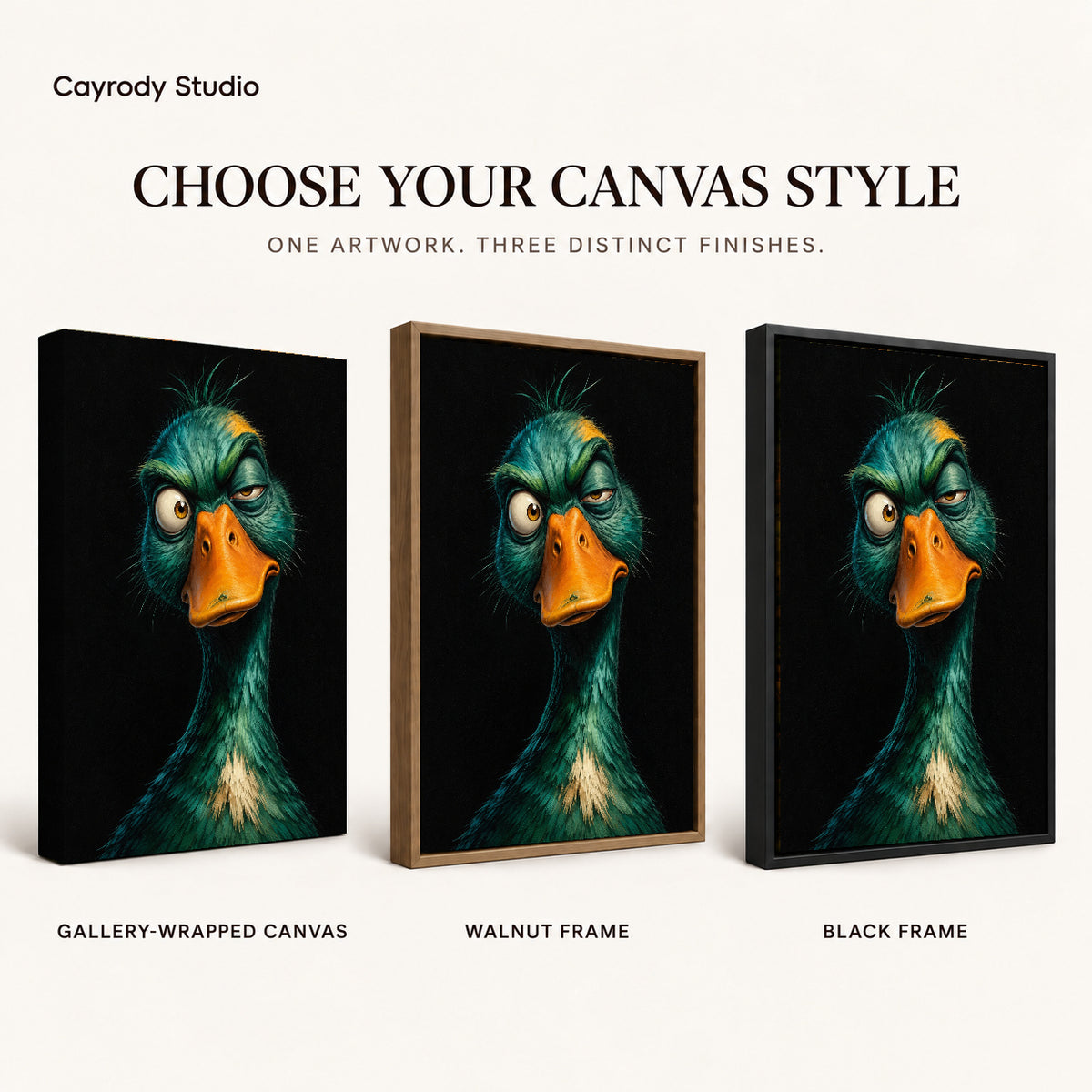 Quirky Teal Duck artwork finish chart showing gallery wrapped canvas, walnut frame, and black frame options.