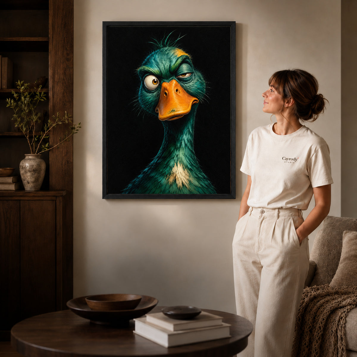 Black framed quirky teal duck artwork scene assigned to all six black framed canvas sizes.