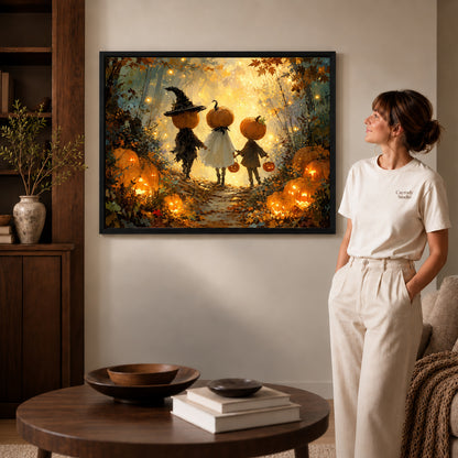 Black framed pumpkin forest trio artwork beside a woman in a warm neutral living room.