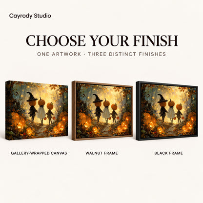 Pumpkin Forest Trio artwork finish chart showing gallery wrapped canvas, walnut frame, and black frame options.