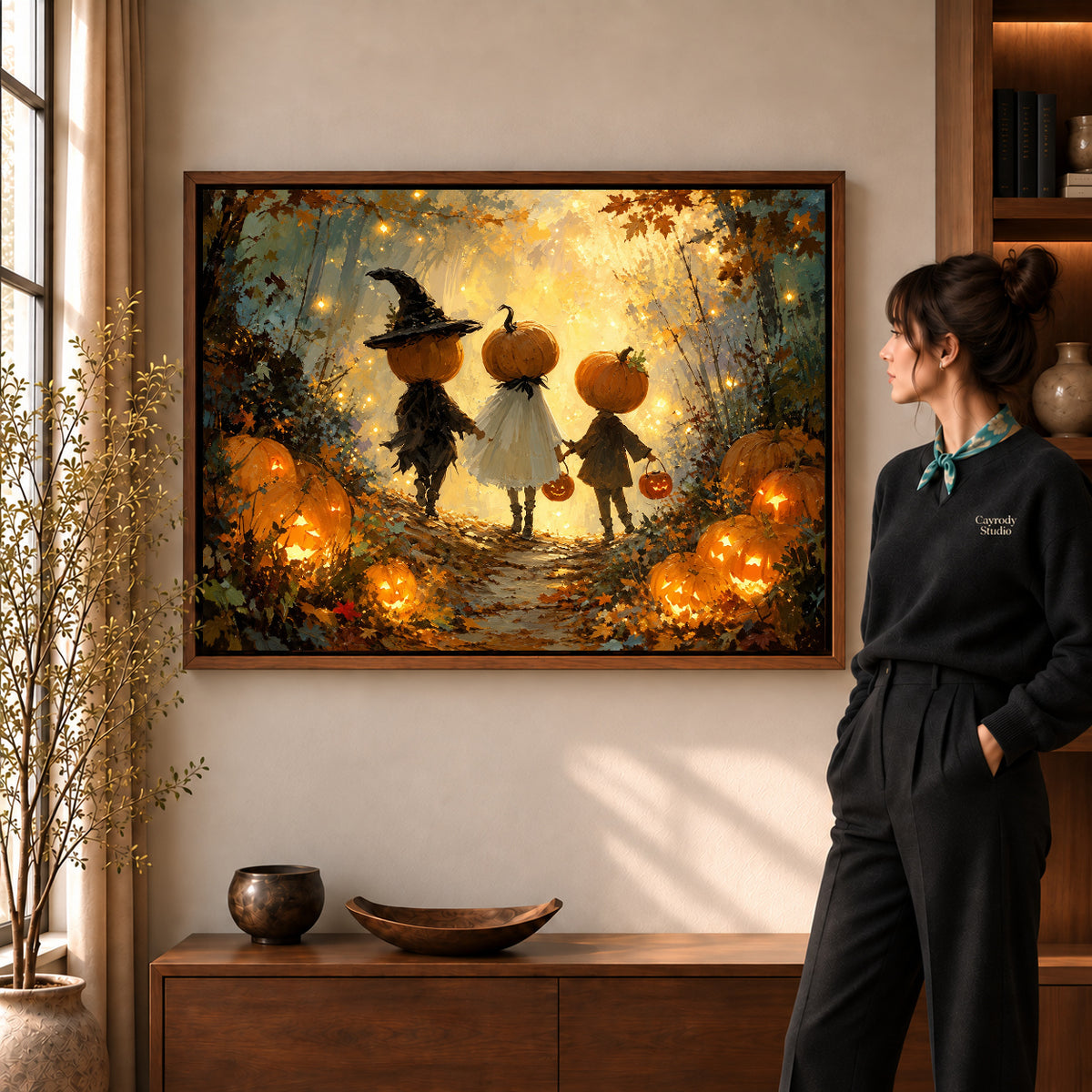 Walnut framed pumpkin forest trio artwork scene assigned to all six walnut framed canvas sizes.