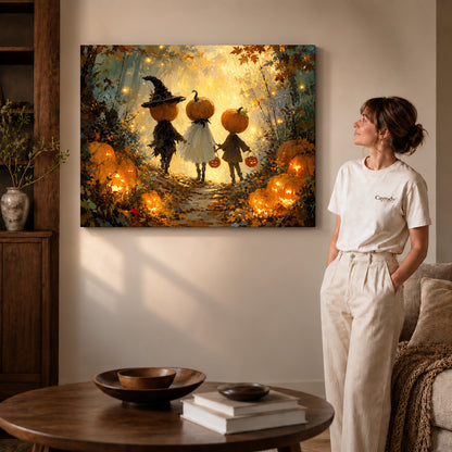 Gallery wrapped pumpkin forest trio artwork scene assigned to all six unframed wrapped canvas sizes.