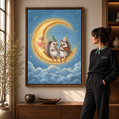 Moonlit Hedgehog Musicians artwork in a walnut frame beside a standing woman in a warm room.