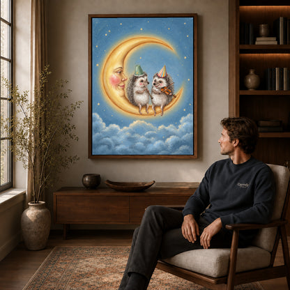 Walnut framed moonlit hedgehog musicians artwork above a seated man in a wood furnished living room.