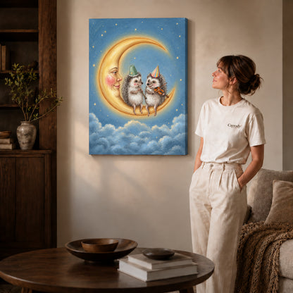 Gallery wrapped moonlit hedgehog musicians artwork with shaded canvas edges beside a woman wearing cream clothing.