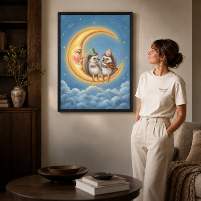 Black framed moonlit hedgehog musicians artwork beside a woman in a warm neutral living room.