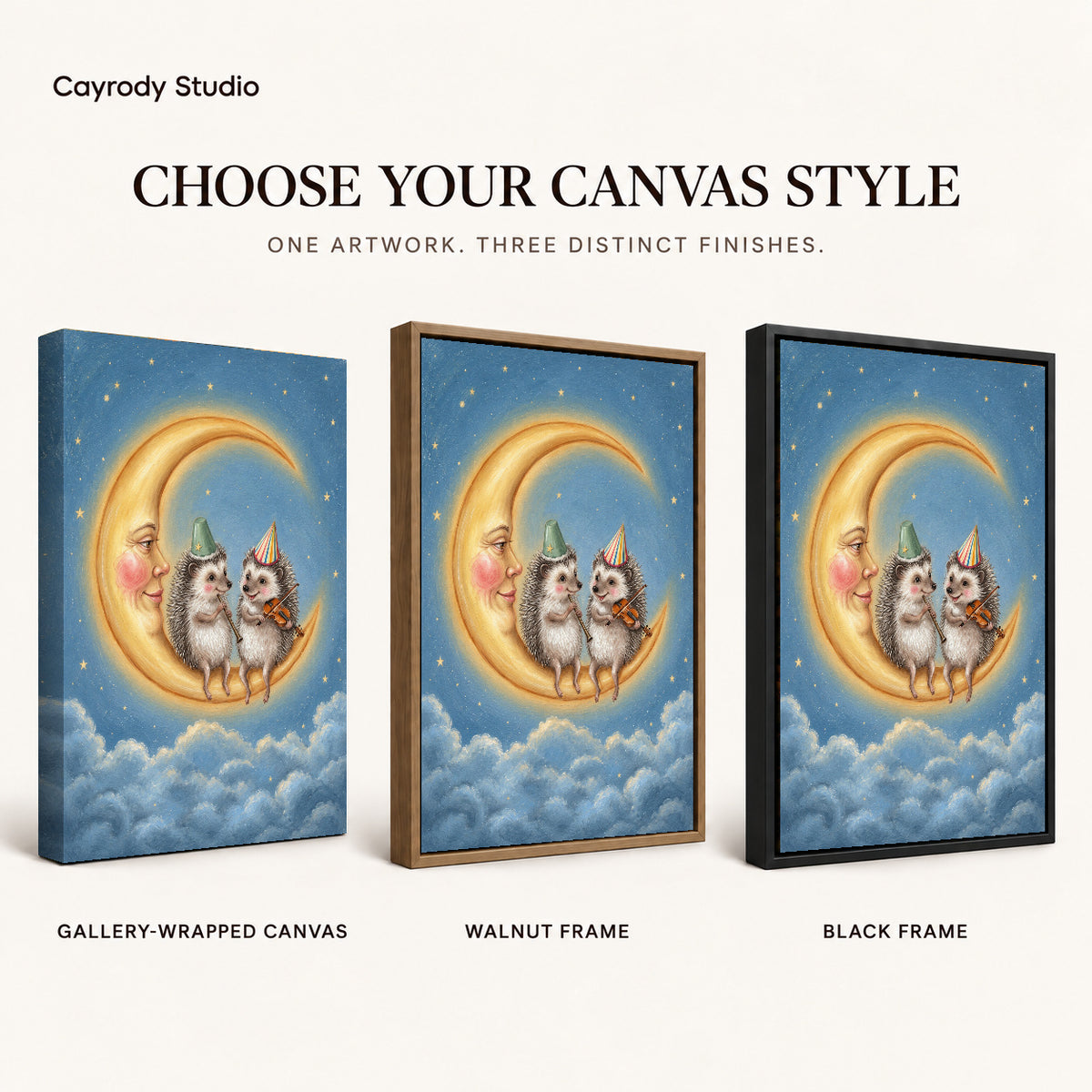 Moonlit Hedgehog Musicians artwork finish chart showing gallery wrapped canvas, walnut frame, and black frame options.
